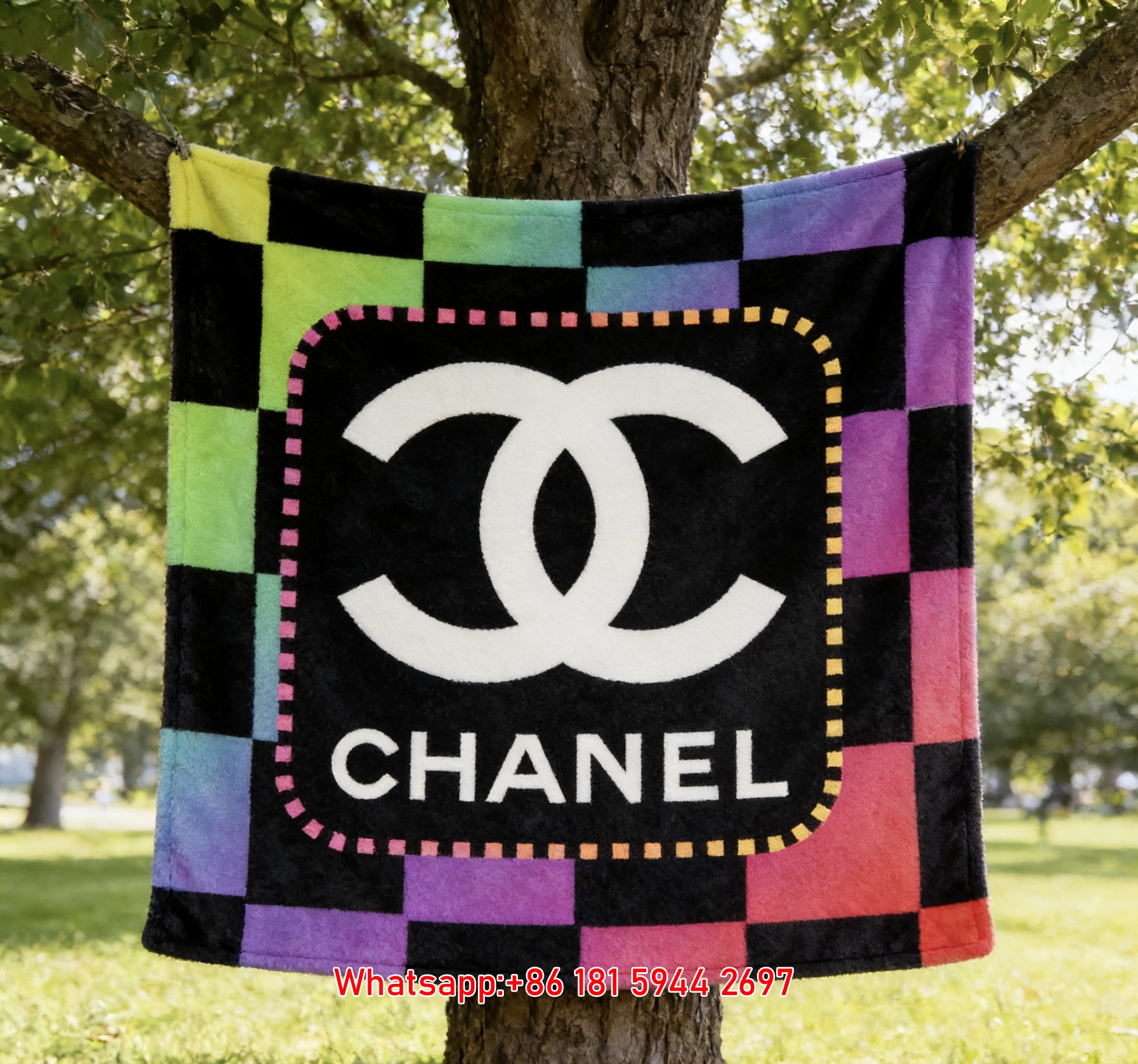 Colorful Checkerboard Chanel Double C Logo Flannel Sofa Throw Blanket IMG_7007